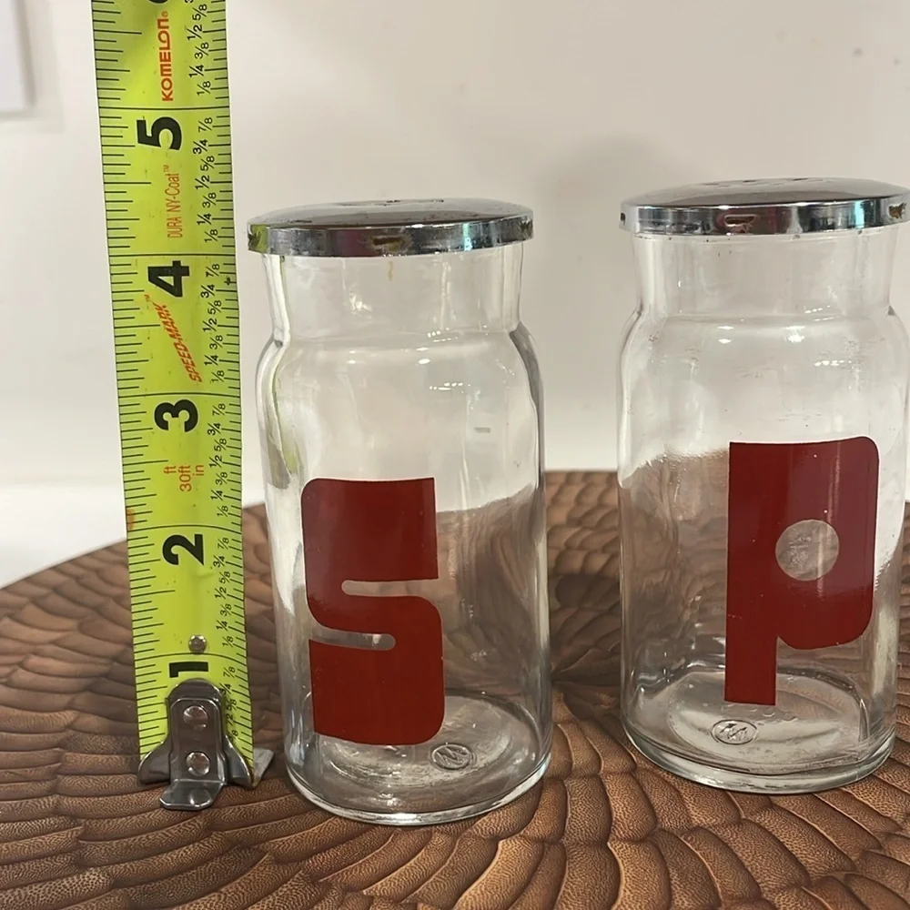 VTG Wheaton Glass Salt & Pepper Shakes MCM Mod Deco Chrome Red Minimalist